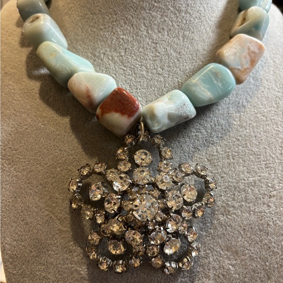 chunky gemstone necklace with large vintage clear rhinestone repurposed brooch!